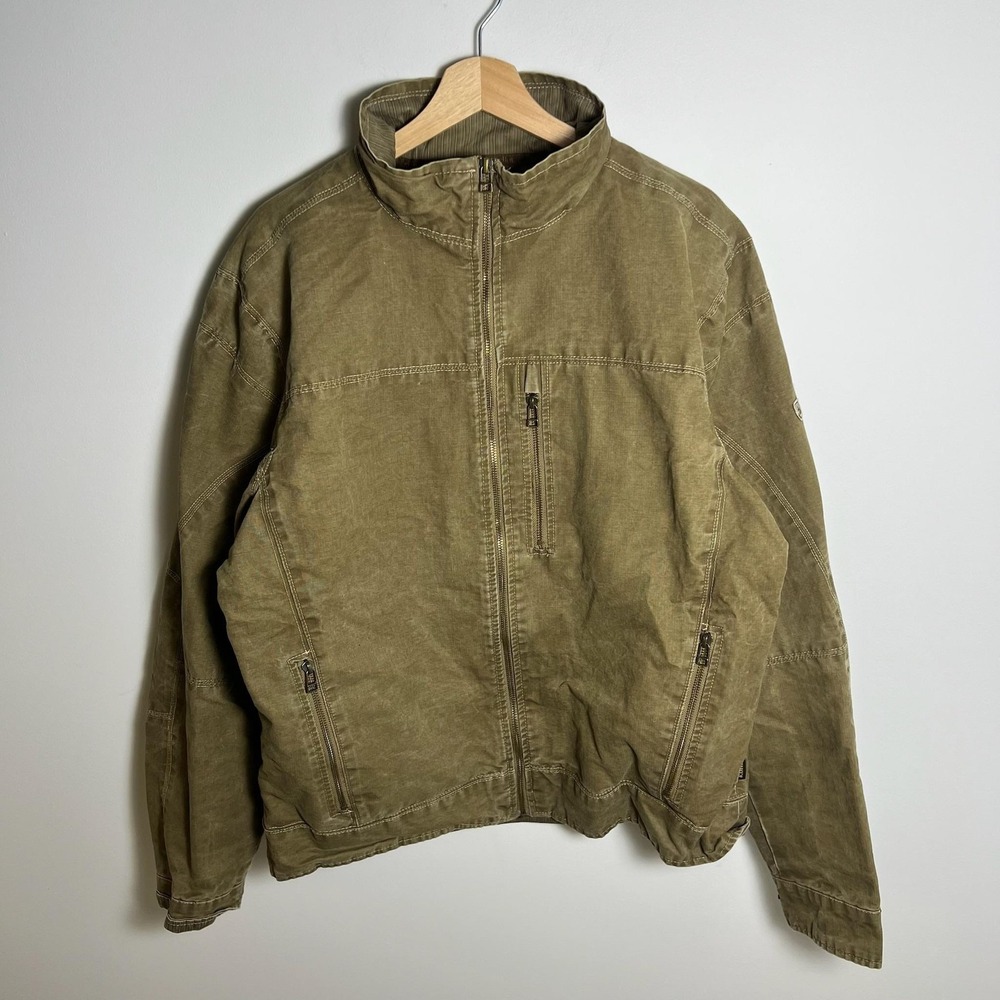 Kuhl Jacket Mens XL Green Canvas Military Field Full Zip Lined Outdoor Insulated